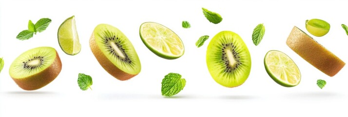 Flying fresh raw whole and sliced kiwi, lime and mint leaves on white background. Falling fruits