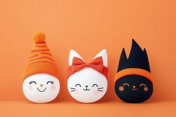 Obraz premium Whimsical characters with playful expressions, featuring a snowman, cat, and monster adorned with vibrant hats against an orange backdrop.