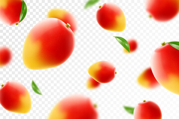 Flying ripe mango. Bright advertising background falling juicy fruit mango, realistic illustration with blurred effect. 3d vector design for advertising banners and web page design