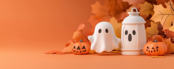 Whimsical Halloween scene with a friendly ghost, pumpkins, and lantern, set against a warm orange backdrop with autumn leaves.