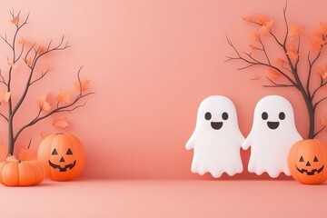 Whimsical Halloween scene featuring playful ghosts, pumpkins, and autumn trees on a soft pink background, perfect for festive decoration.