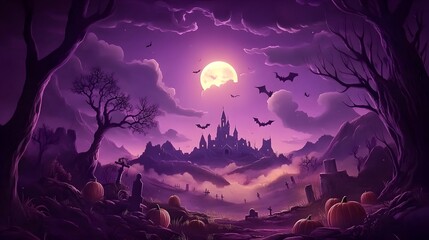 Haunted Graveyard with Full Moon and Gothic Castle, Ideal for Halloween Dark Theme Wallpaper