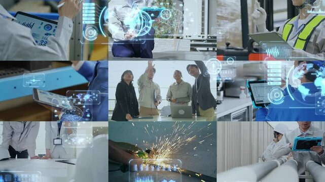 Various industrial scene and digital technology concept. Digital transformation. Enterprise Resources Planning. Transition material from a white background
