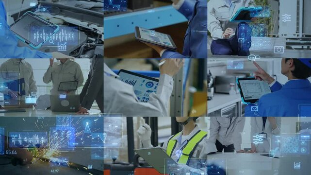Various industrial scene and digital technology concept. Digital transformation. Enterprise Resources Planning. Transition material from a white background