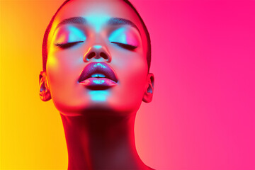 Trendy fashion model poses gracefully under vibrant neon lights, showcasing flawless makeup and glowing skin. Perfect for beauty and skincare ads