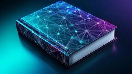 Abstract book with glowing blue and purple network pattern cover.