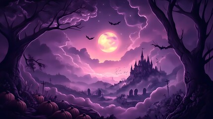 Haunted Graveyard with Full Moon and Gothic Castle, Ideal for Halloween Dark Theme Wallpaper