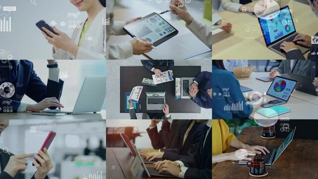 Various business scene and statistics data concept. Management strategy. Corporate marketing. Financial planning. Transition material from a white background