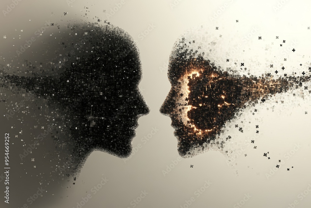 Poster memory processing coordinated dark and ethereal depiction of two profiles disintegrating into partic