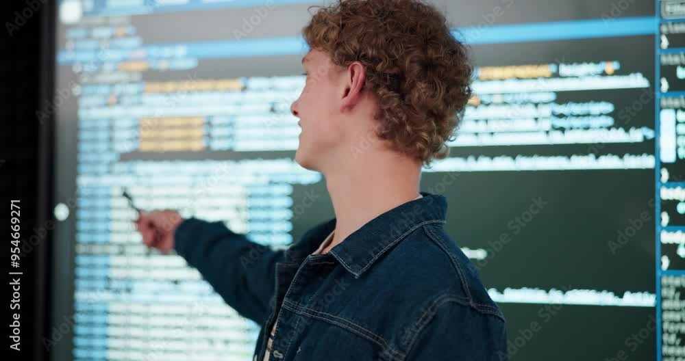 Poster Coding, presentation and speech with man in office of web development company for coaching. Display, programming workshop and software with person in creative workplace for seminar on website design