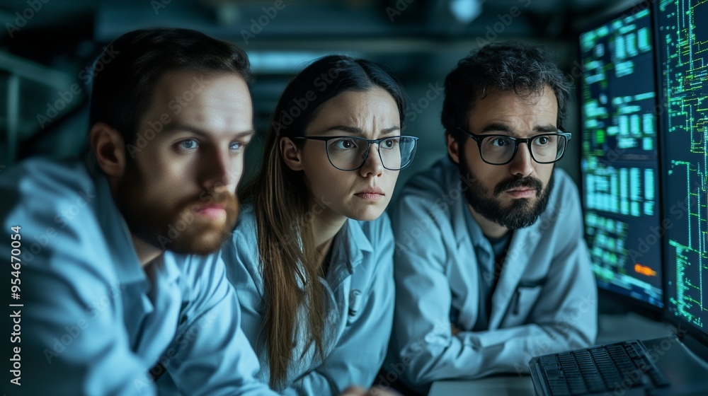 Poster focused team of scientists analyze data on multiple monitors in a futuristic laboratory.