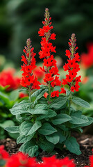 Closeup of a vibrant red flower with green leaves blooming in a garden.