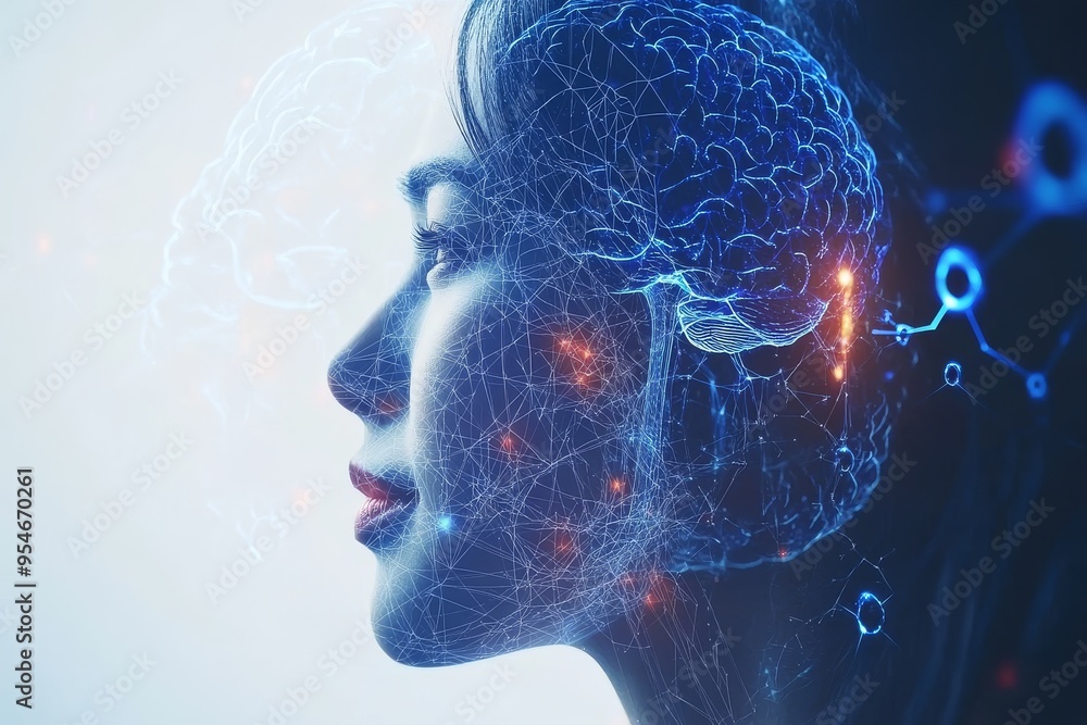 Poster neurotransmission coordinated futuristic portrait of a woman with neural network overlay symbolizing