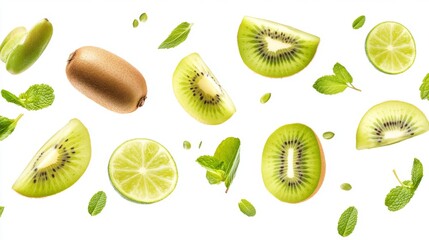 Flying fresh raw whole and sliced kiwi, lime and mint leaves on white background. Falling fruits