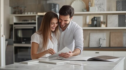 Happy couple reviewing home design options together in a modern kitchen setting during the afternoon
