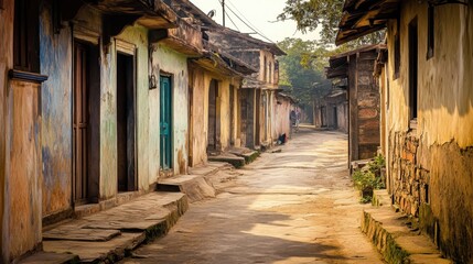 A deserted street in a traditional Indian village, showcasing rustic architecture and quiet surroundings, untouched by modern life.