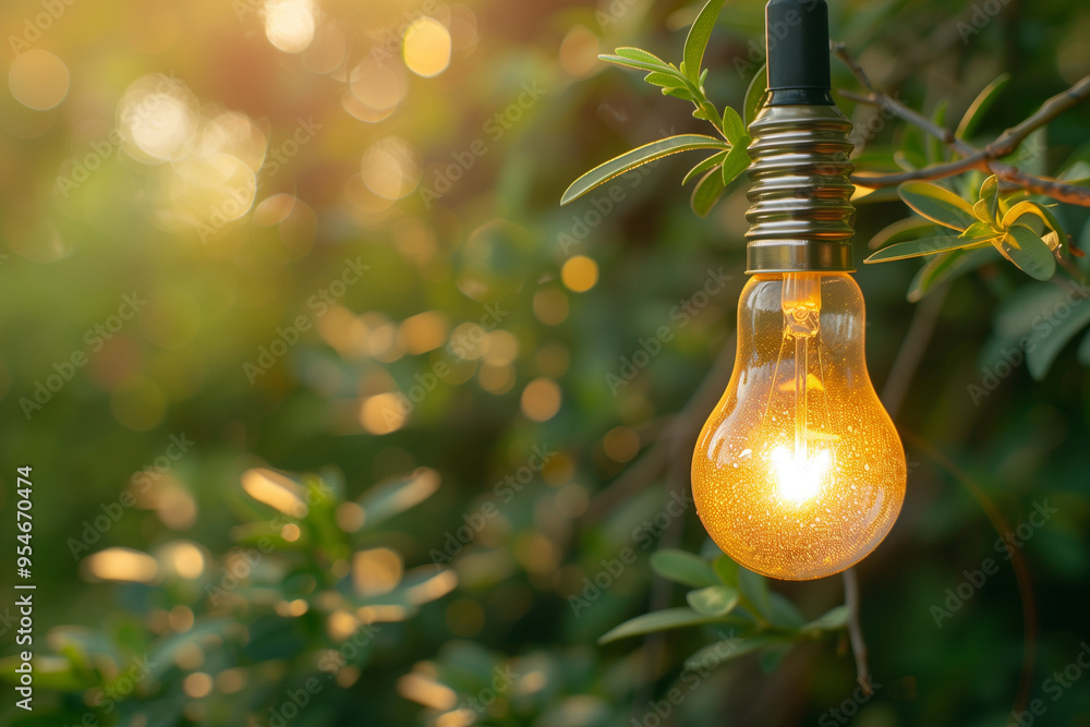 Poster light bulb in the garden with bokeh light on nature background. conceptual image of environmental pr