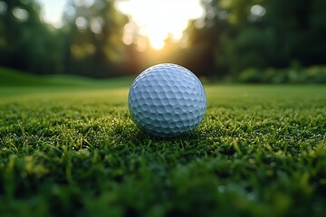 Obraz premium A close-up of a golf ball resting on lush green grass in a serene outdoor setting.