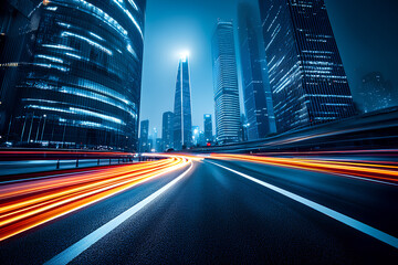Fototapeta premium road in city with skyscrapers and car traffic light trails. infrastructure and transportation background