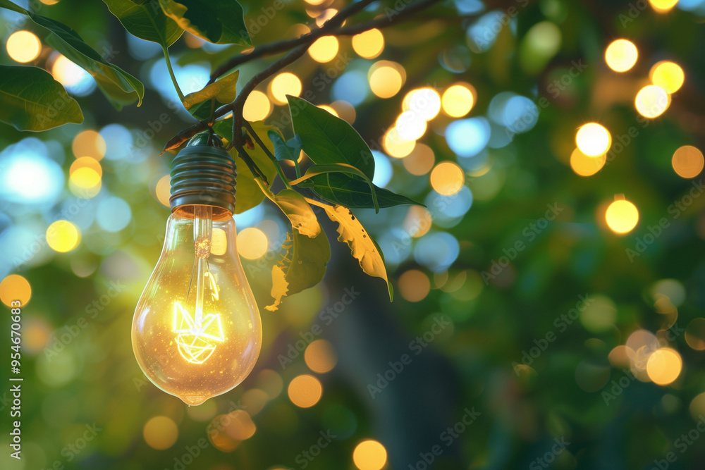 Poster light bulb in the garden with bokeh light on nature background. conceptual image of environmental pr