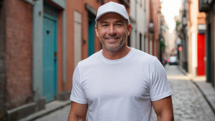 Man wearing white t-shirt and white baseball cap standing in a city alley