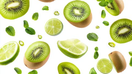 Fototapeta premium Flying fresh raw whole and sliced kiwi, lime and mint leaves on white background. Falling fruits