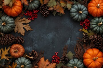 Autumn holiday frame from decorative pumpkins, dried foliage, red berry, pinecones and acorns top view. Thanksgiving day, harvest, autumn and fall background top view with generative ai