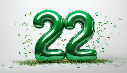 Green birthday / anniversary balloon, number 22, white background with confetti