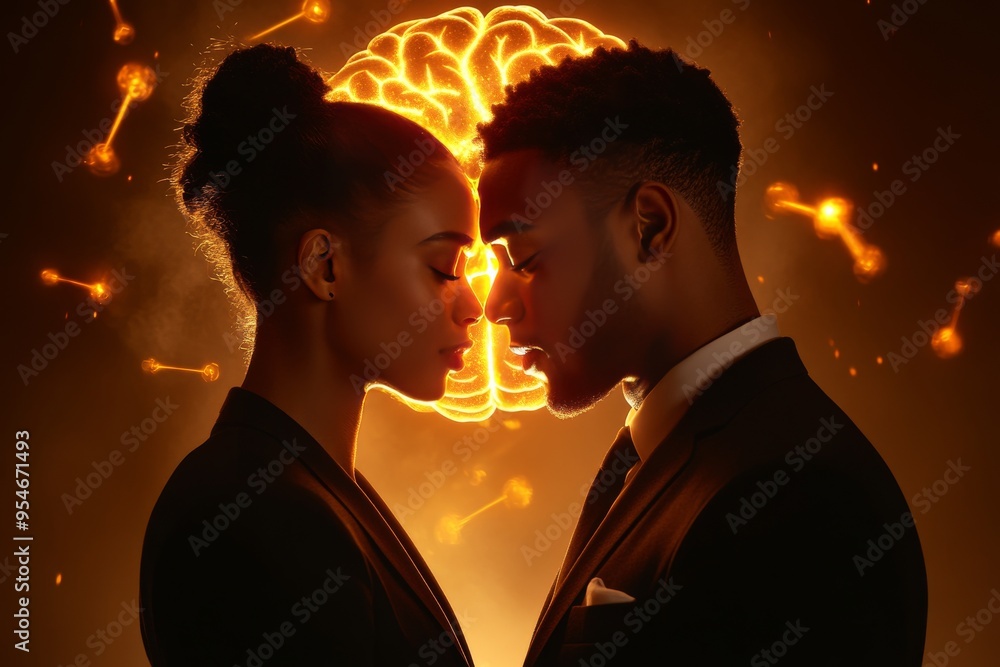 Poster stress response coordinated fiery silhouette of a couple with a glowing brain between them symbolizi
