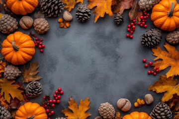 Autumn holiday frame from decorative pumpkins, dried foliage, red berry, pinecones and acorns top view. Thanksgiving day, harvest, autumn and fall background top view with generative ai