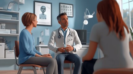 A doctor sitting with concerned parents in an examination room, discussing the care and treatment plan for their child, with medical equipment and charts visible around them