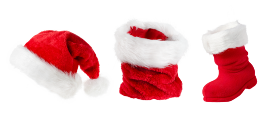Christmas Santa hat, bag or Christmas stocking and boot isolated on white background.