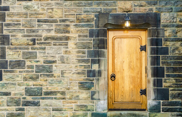 Wooden door with metal hinges and circular knocker set within stone wall background
