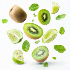 Fototapeta premium Flying fresh raw whole and sliced kiwi, lime and mint leaves on white background. Falling fruits
