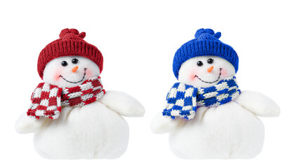 Set of felt Christmas snowman ornaments isolated on white background.