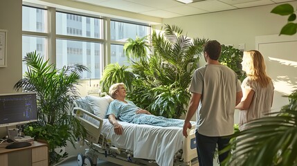 A family visiting a patient in a hospital room, which is decorated with vibrant tropical plants like palms and ferns, creating a soothing setting for recovery and conversation