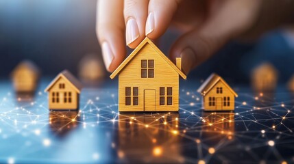 A hand placing a wooden house model on a digital interface showcasing real estate connections and data analysis in modern architecture