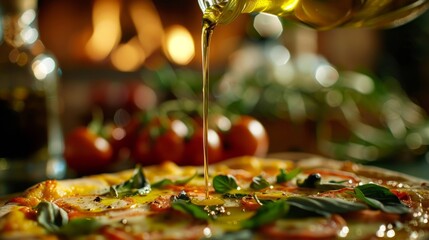 Fresh homemade Italian Margherita pizza drizzled with spicy butter, buffalo mozzarella and basil