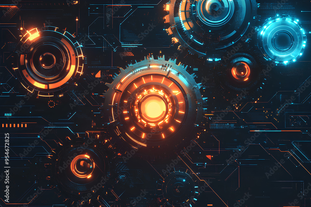 Poster a businessman stands in front of a large gear, interacting with data on a laptop, representing the c