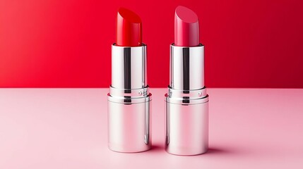 Obraz premium Two lipsticks, one red and one pink, on a pink and red background.