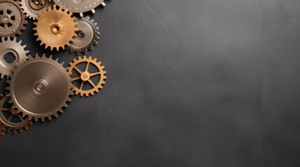 From above technical texture of steampunk gears on dark grey background. Mock up. Cogs and gear wheel mechanisms. Hi-tech digital technology and engineering. Abstract technical background.
