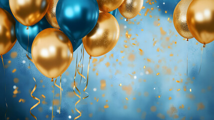 Holiday background with golden and blue metallic balloons, confetti and ribbons. Festive card for birthday party, anniversary, new year, christmas or other events. 