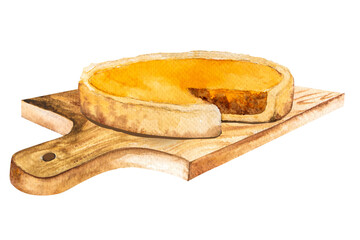 Watercolor illustration of pumpkin pie. Hand drawn composition with pie.