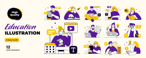 Educational and Self-Development Concept Illustrations. Different people inolved in education process. Concept for trainings, seminars, back to school, online courses. Vector illustration