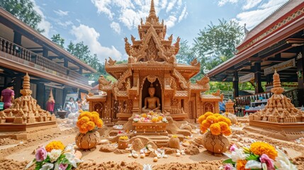 A beautifully decorated sand pagoda built on a temple ground, surrounded by offerings of flowers and incense, as part of the Songkran Festival's traditional activities