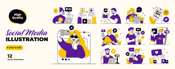 Social Media illustration set. Characters holding smartphones, digital devices, using mobile apps, social media, internet for online communication. Flat vector illustration isolated on white backgroun