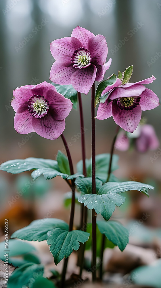 Poster Close-up of three pink flowers with green leaves on a blurred background.