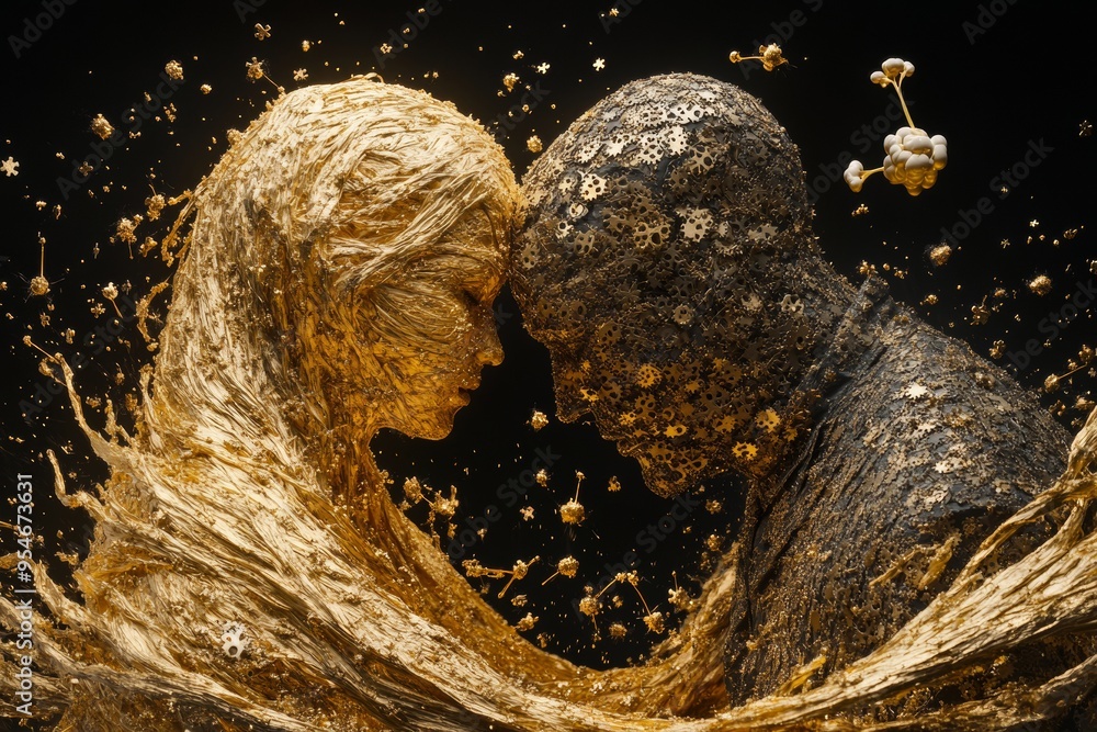 Poster brain behavior coordinated golden abstract sculpture of two entwined figures with brain imagery symb
