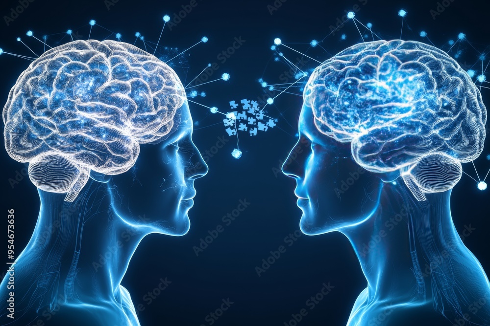 Poster cognitive function integrated two digital profiles with glowing neural connections symbolizing the s