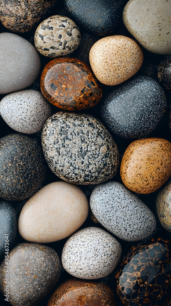 Poster close-up of various smooth, textured stones with different colors and patterns.